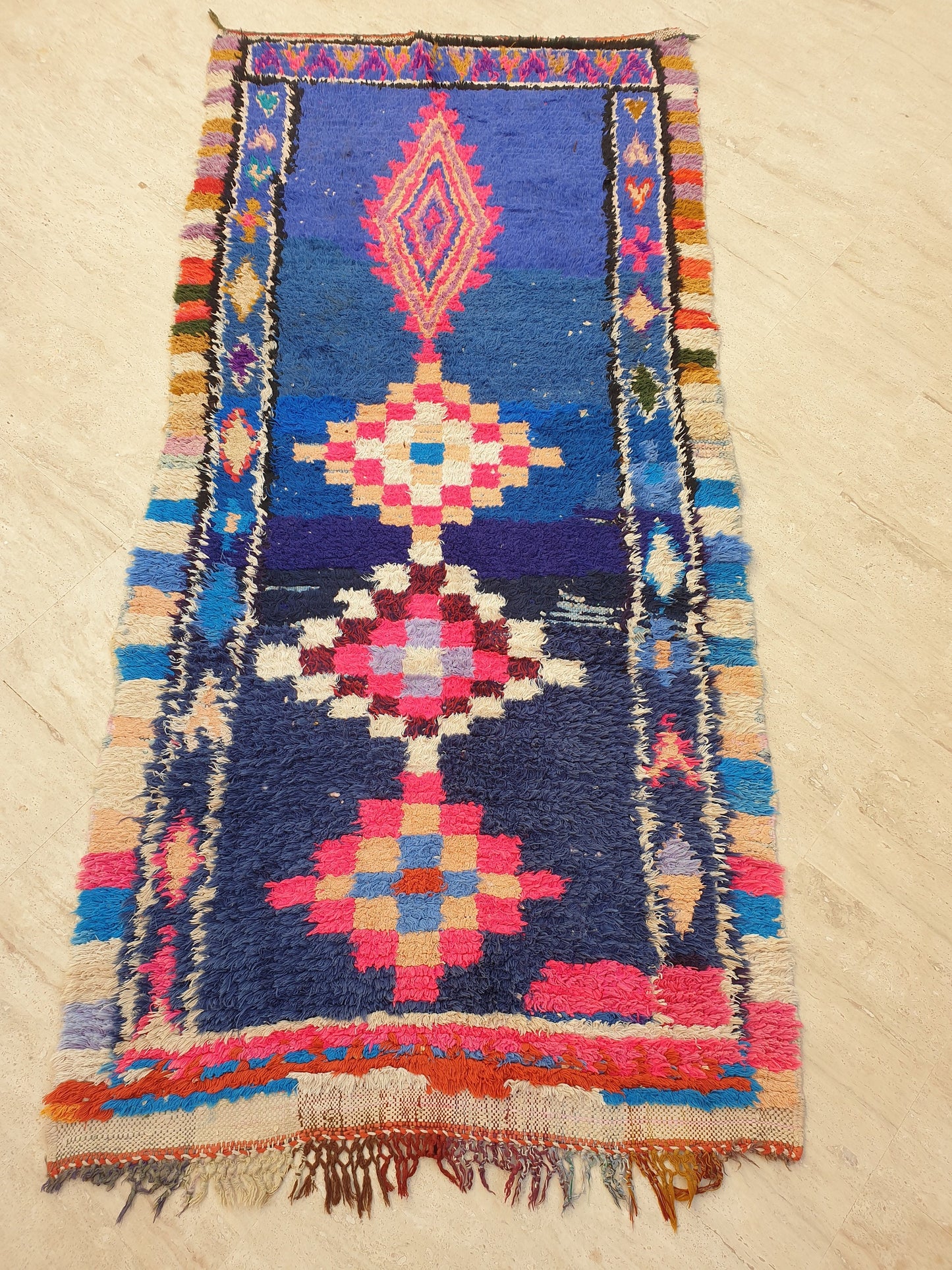 Vintage Moroccan rug 3.6x7.6 Unique Stunning blue Azilal Rug,  Abstract Berber runner rug, boujaad rug boucherouite rug