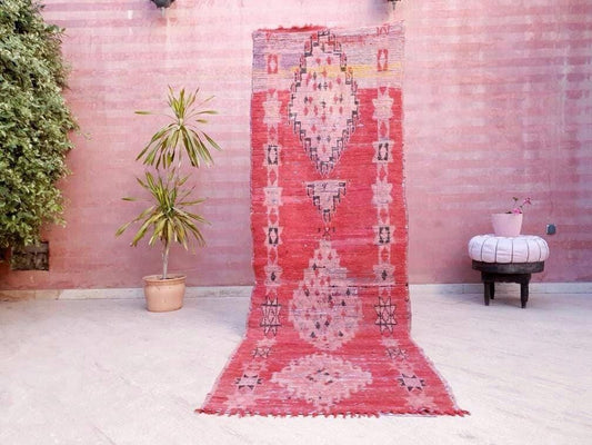 50% CLEARANCE SALE Vintage Moroccan rug 3.1x9.2 Gorgeous Pink Blush Coral Red Rug, Purple Accents Runner rug, Abstract tribal rug