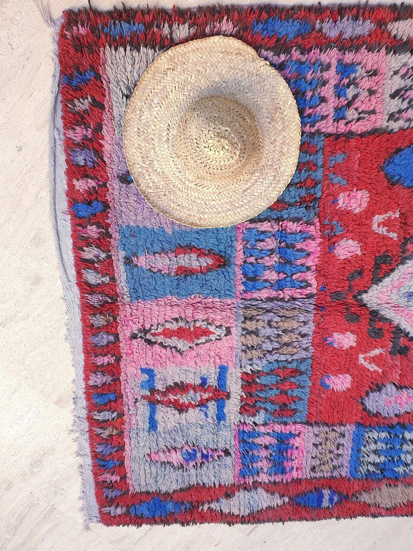 Vintage Moroccan Boujaad Rug • 4.9x9.2 ft • Red, Blue, and Lavender Tribal Wool Carpet • Bold Bohemian Berber Statement Piece