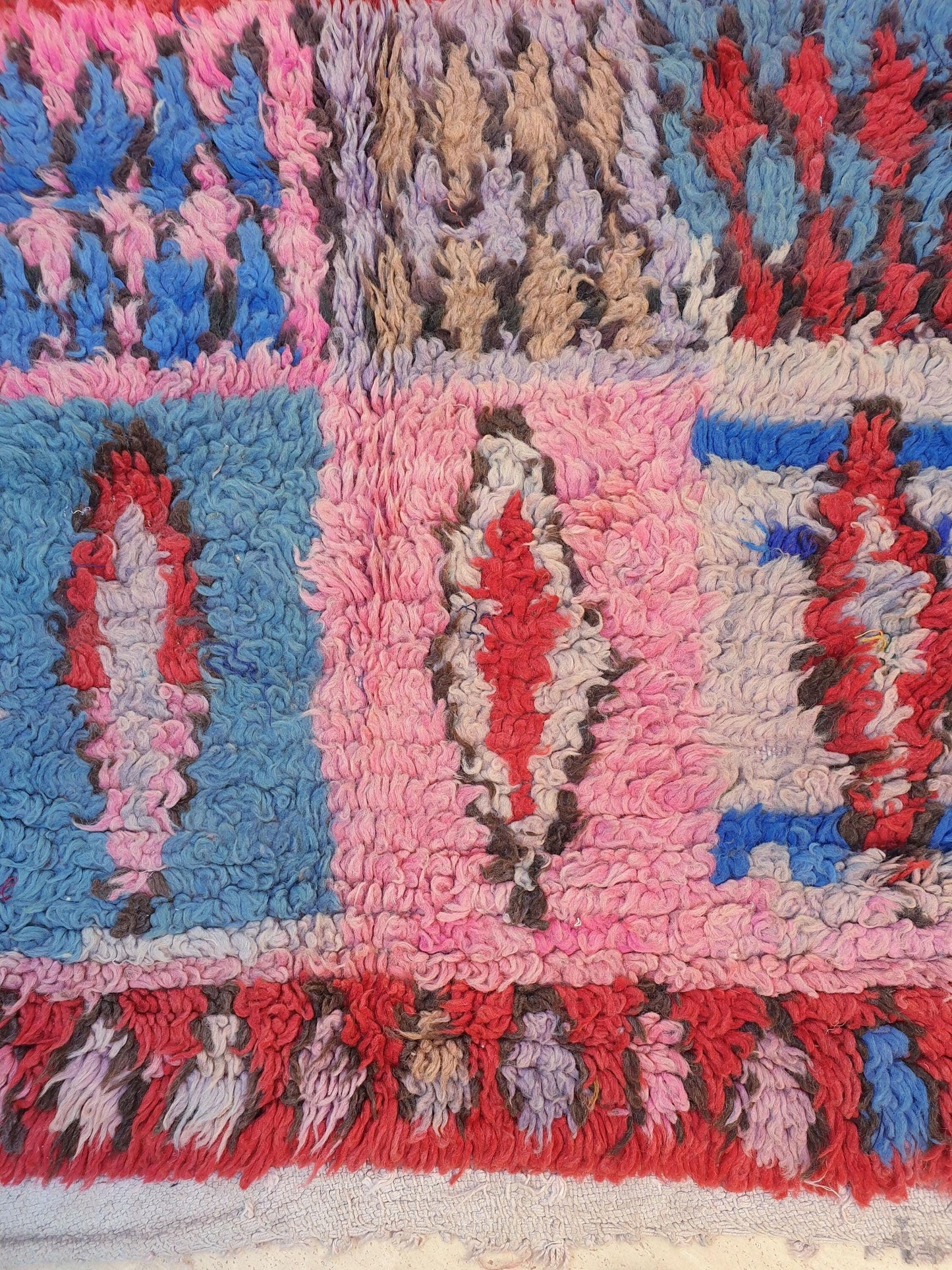 Vintage Moroccan Boujaad Rug • 4.9x9.2 ft • Red, Blue, and Lavender Tribal Wool Carpet • Bold Bohemian Berber Statement Piece