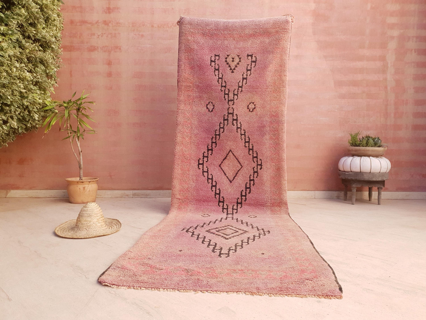 Vintage Moroccan Runner 3.4x10.7 ft • Blush Pink Boujaad Rug with Diamond Symbols • One-of-a-Kind Tribal Berber rug • pastels rug