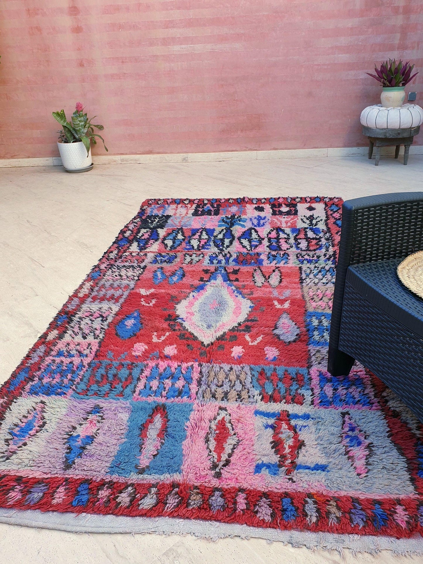 Vintage Moroccan Boujaad Rug • 4.9x9.2 ft • Red, Blue, and Lavender Tribal Wool Carpet • Bold Bohemian Berber Statement Piece