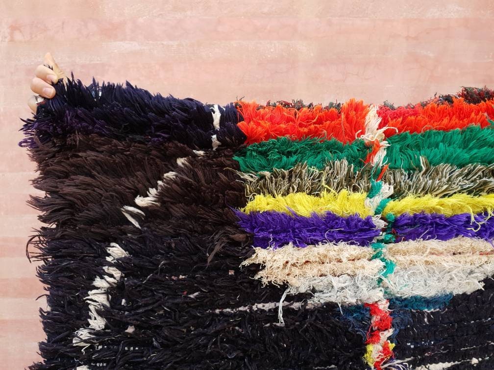 Vintage Moroccan Rug 2.7x7.5 black navy Runner Rug, Azilal rug, Black boucherouite rug, living room rug morrocan bedroom rug, boho rug,