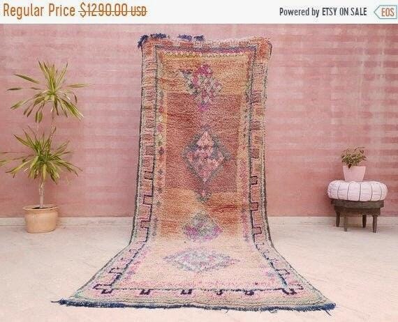 50% OFF CLOSING SALE Vintage Moroccan rug 4x10.2 Gorgeous Boujaad rug, Blush Aqua Beige Pink pastels rug vintage berber boujad hallway rug
