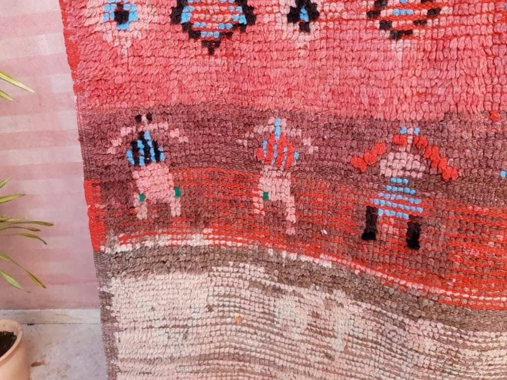 Vintage Moroccan rug 4x8.4 Unique boujaad rug "6 People" Blush pink Antique beige Boujad rug, Unique bohemian bedroom rug morocco rug