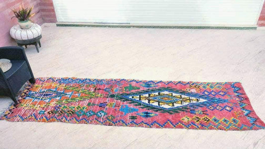 50% OFF CLOSING SALE Vintage Moroccan Rug 3.3x11 Incredible Colorful runner Rug, Berber Boujad Runner rug, Coral Peach Carpet
