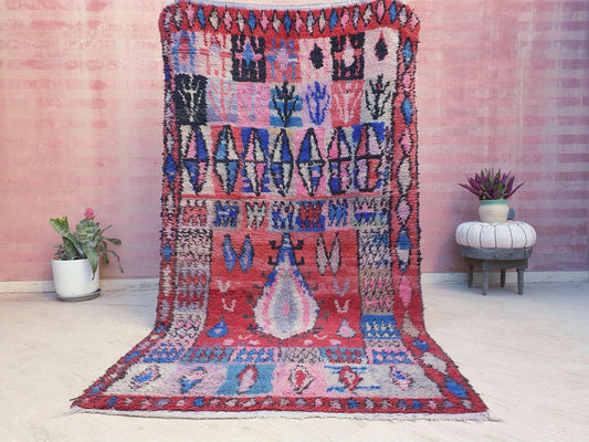 Vintage Moroccan Boujaad Rug • 4.9x9.2 ft • Red, Blue, and Lavender Tribal Wool Carpet • Bold Bohemian Berber Statement Piece