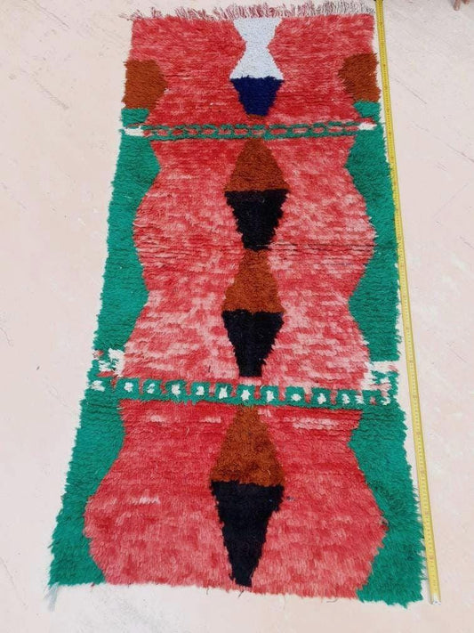 Vintage Moroccan Rug 3x6.4 Gorgeous Abstract Red Green Boujaad Runner Rug, Living room rug, orange hallway rug accent r