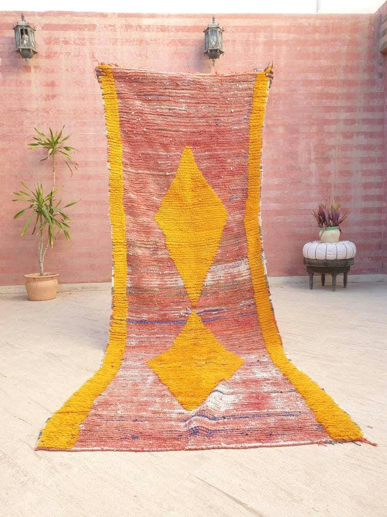 Vintage Moroccan rug 3.3x8.9 Blush Peach Yellow Boujaad rug incredible  black Yellow Tribal Rug Unique boujad Rug living room rug