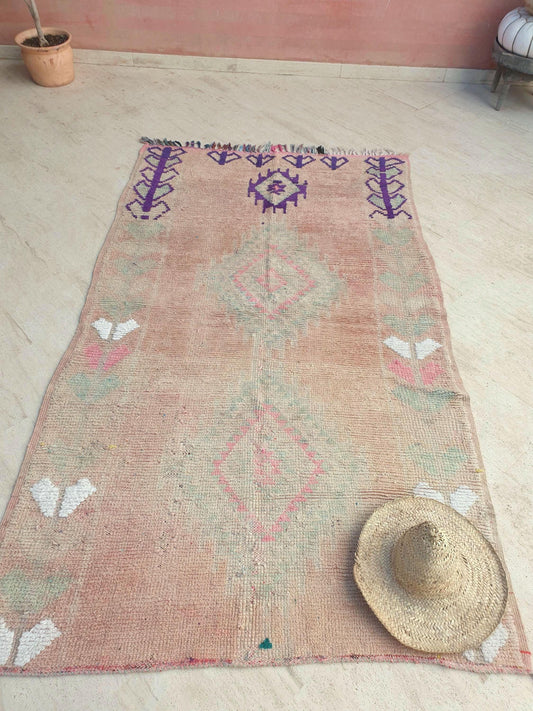 Vintage Moroccan Rug 5x8.5 Vintage Moroccan Boujaad Rug • Blush Earth Tones • Purple & Mint Berber Symbols • unique collector piece