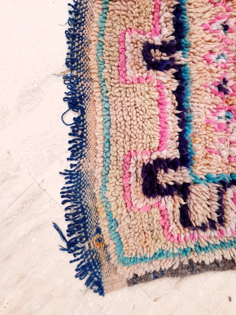 50% OFF CLOSING SALE Vintage Moroccan rug 4x10.2 Gorgeous Boujaad rug, Blush Aqua Beige Pink pastels rug vintage berber boujad hallway rug