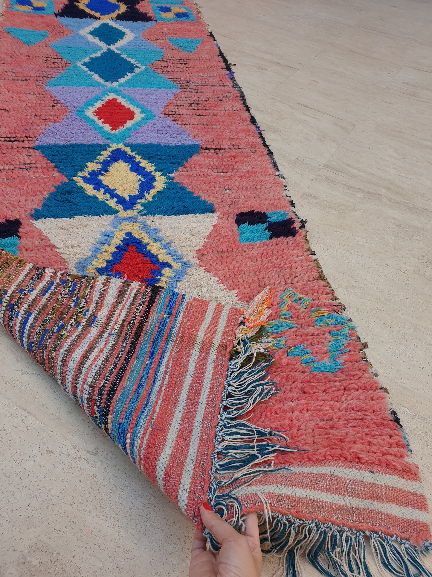 Gorgeous Moroccan rug 2.5x9 "Ibiza" Blue Pink Blue Colorful Runner rug, retro style  handmade hallway boujaad rug