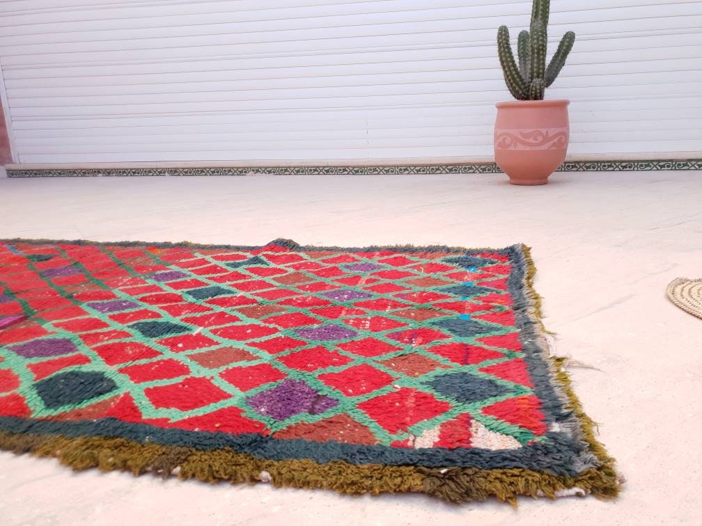 Vintage Moroccan Rug 3.5x7.3 Bold Red rug  bedroom rug, living room rug Red accent rug morocco rug