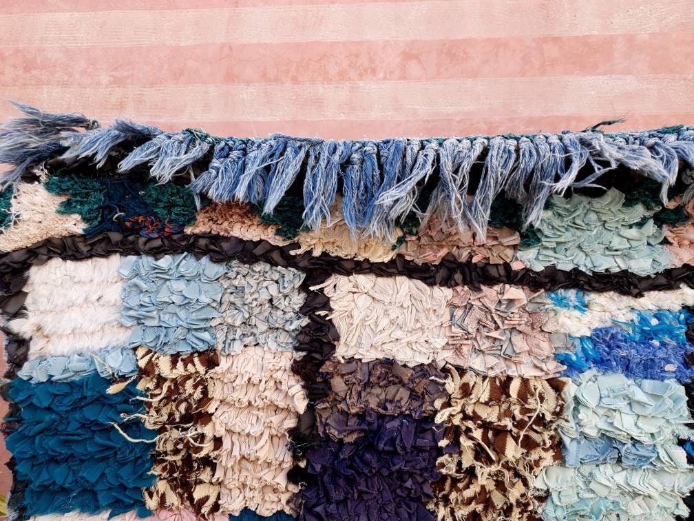 Vintage Moroccan Rug 3x7.5 Gorgeous Unique Boucherouite Rug Boujaad rug, checkered bedroom rug, living room rug