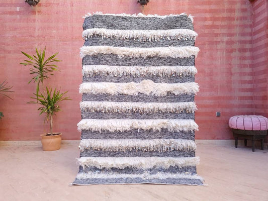 Gorgeous Moroccan Wedding blanket with Sequins 4.1x6.3 Moroccan throw, Authentic Berber wedding blanket, White Gray Handira Blanket