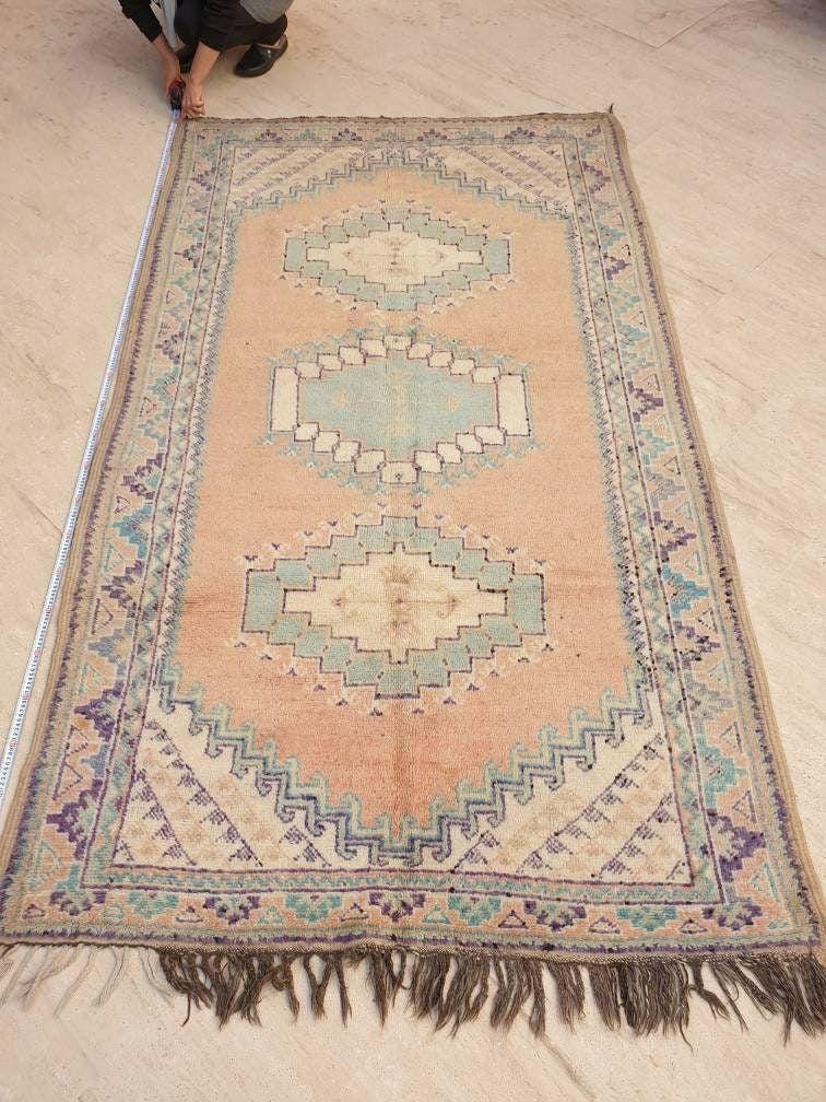 Vintage Moroccan rug 5x8.5 Precious Blush teal lavender Rug, Peach boujaad rug, Unique Taznakht rug
