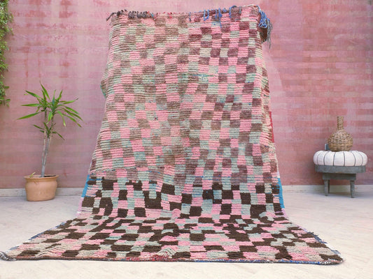 50% OFF CLOSING SALE Vintage Moroccan rug 5.3x8.6 Gorgeous Blush Pink checkered rug, Boujaad area rug colorful Abstract pink brown rug