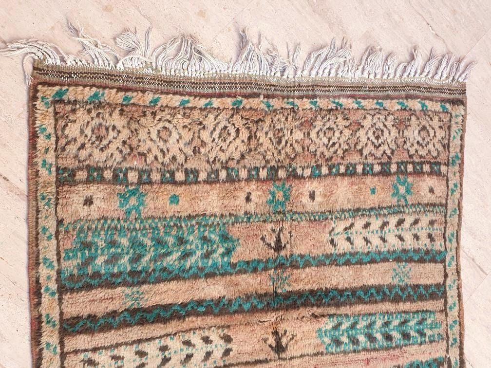 Vintage Moroccan Rug 4.5x7.6 Majestic Boujaad rug "Teal Poppies" blush Orange Geometric Rug
