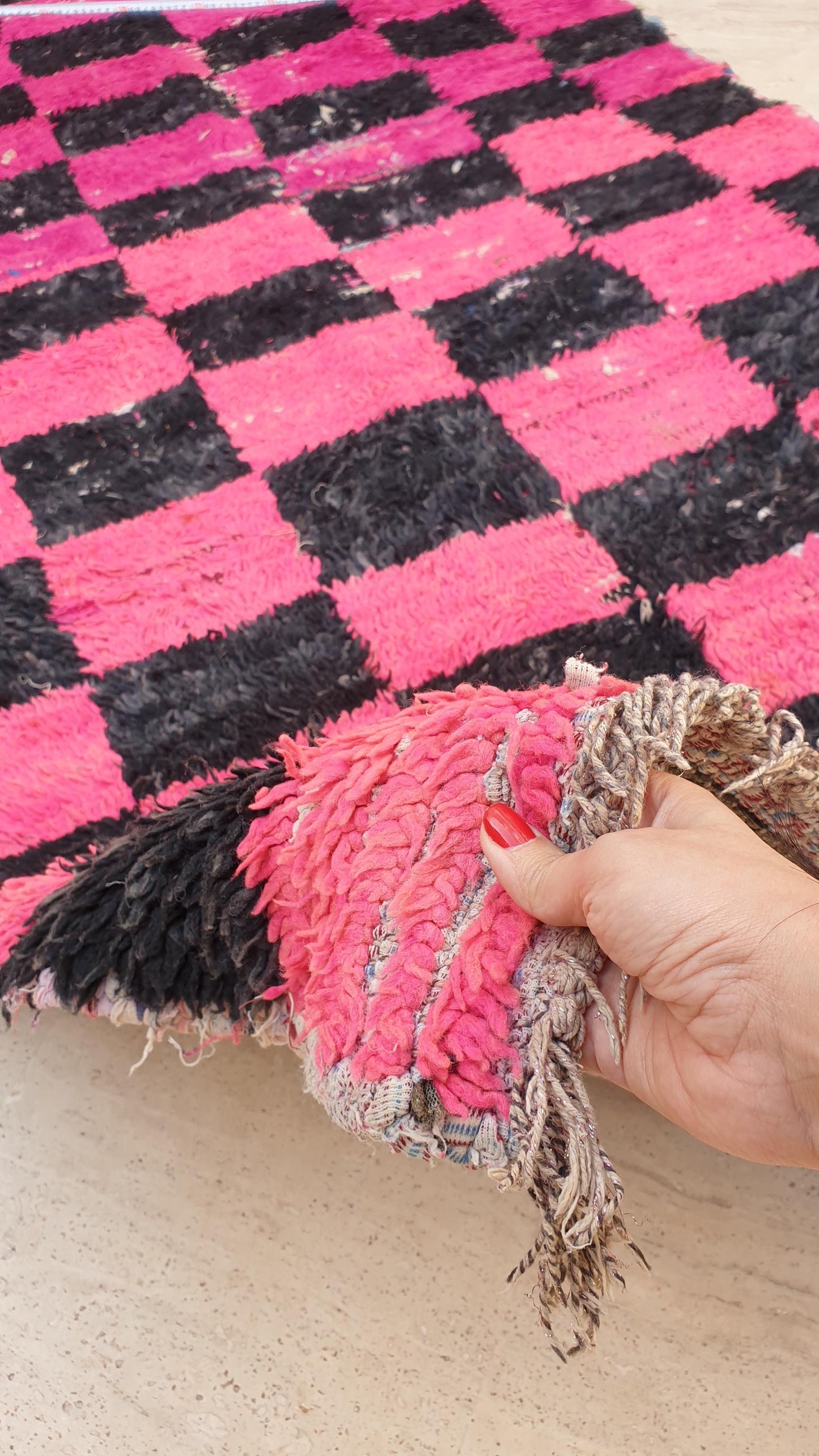 Gorgeous hot pink checkered runner rug 4x11.2 unique wide boucherouite hallway rug, wool rag Berber rug, pink green boujaad rug