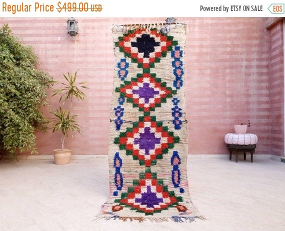 Vintage Moroccan Rug 3x7.2 Boujaad rug, Unique Boucherouite runner Rug, Boujad Rug | Hallway rug | living room rug  moroccan runner  rug
