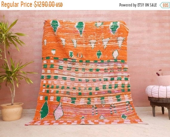 50% OFF CLOSING SALE Vintage Moroccan Rug 5x6.7 Stunning Orange Super Unique Boujaad Rug, Green & Lilac Accents, abstract Living room rug