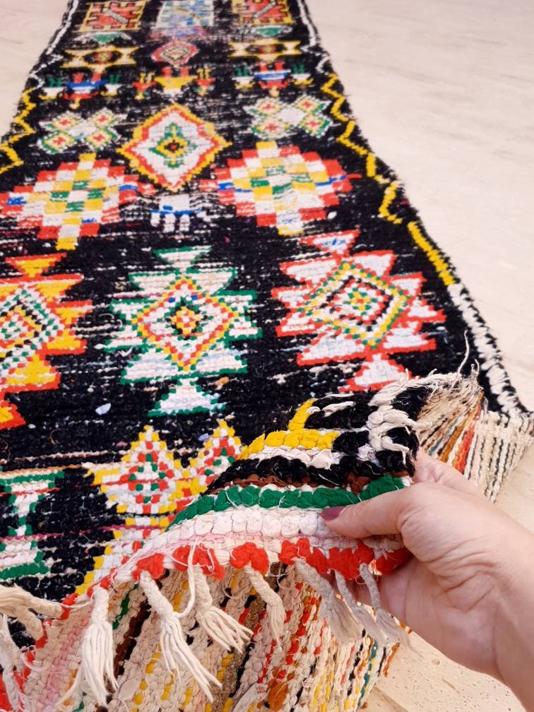 Vintage Moroccan Rug 2.7x11 Black Retro runner Rug Unique Hallway Rug bedroom living room rug boujaad runner rug