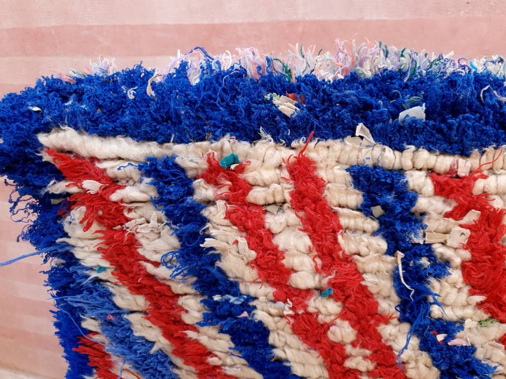 Vintage Moroccan rug 2.6x5.6 beautiful Unique Runner rug USA blue red striped Moroccan Accent rug, unique Abstract Rug