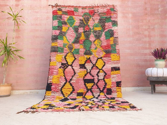 Vintage Moroccan rug 4.3x8.6 Blush Peach Yellow Boujaad rug incredible  black Yellow Tribal Rug Colorful boujad Rug