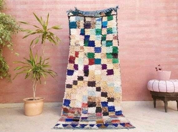 Vintage Moroccan Rug 3x7.5 Gorgeous Unique Boucherouite Rug Boujaad rug, checkered bedroom rug, living room rug