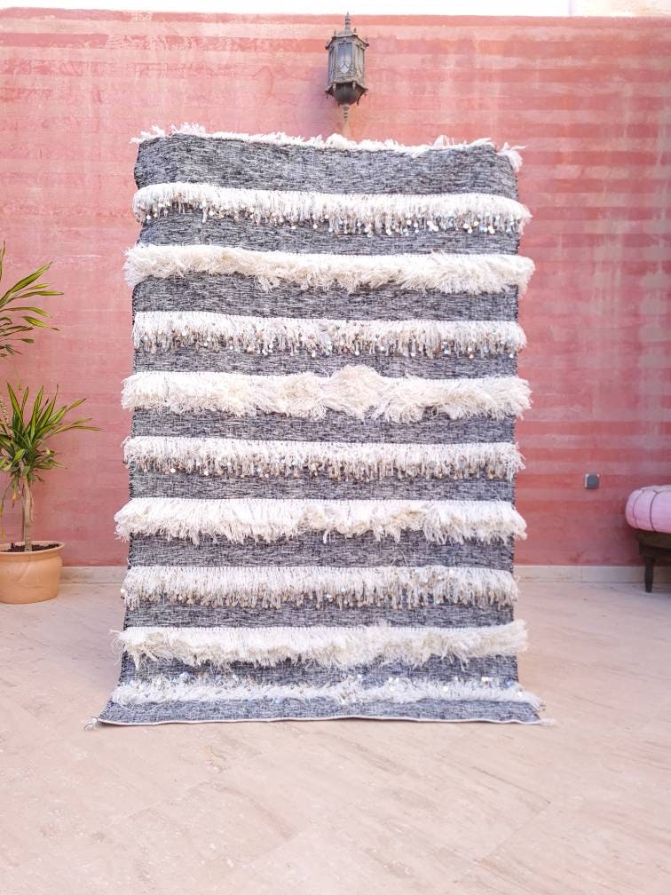 Gorgeous Moroccan Wedding blanket with Sequins 4.1x6.3 Moroccan throw, Authentic Berber wedding blanket, White Gray Handira Blanket