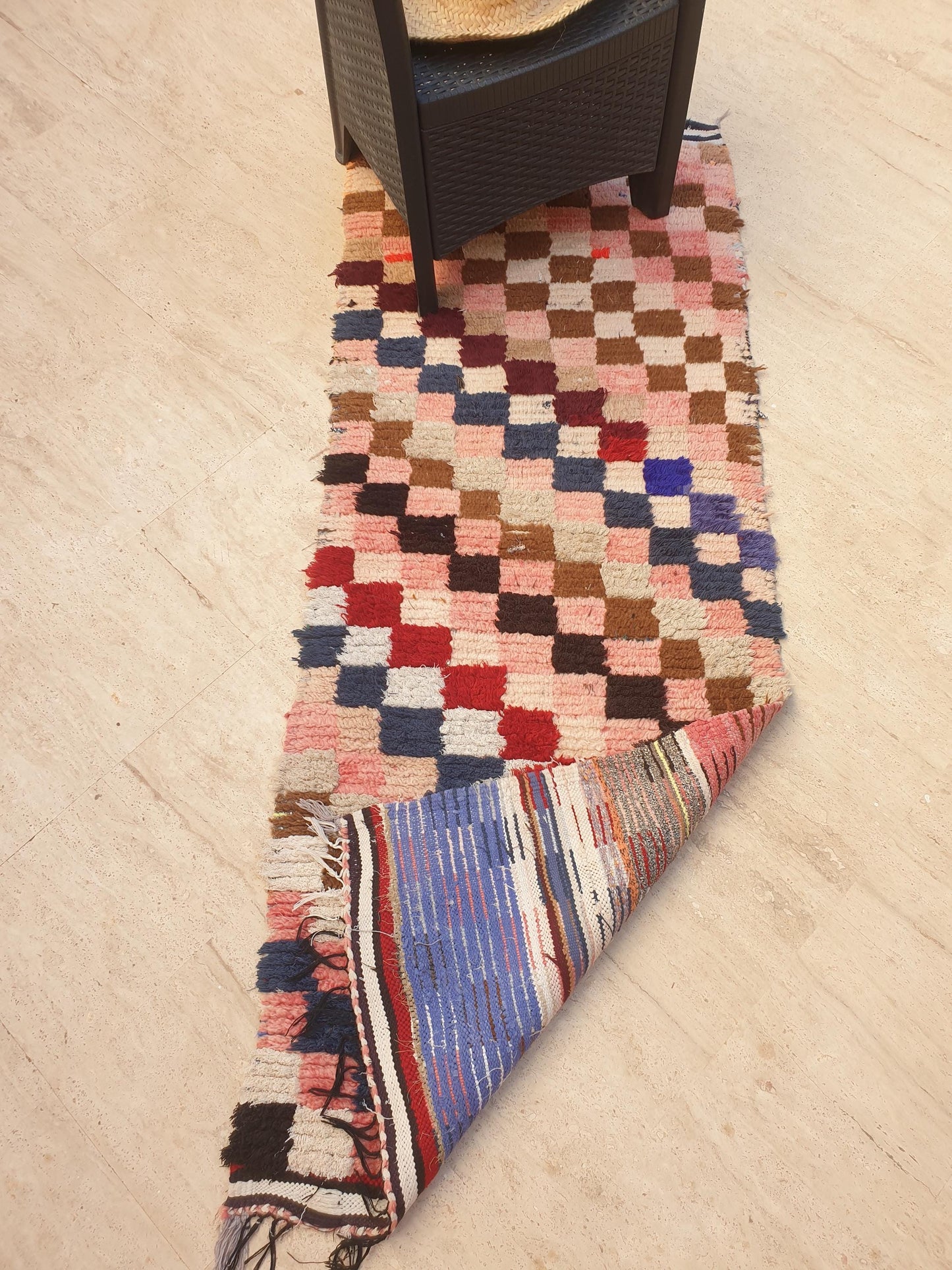Gorgeous Moroccan Runner Rug • 2.5ft x 6.6ft • Checkered Boujaad Rug • Blush Brown Pink rug • Colorful Boucherouite rug