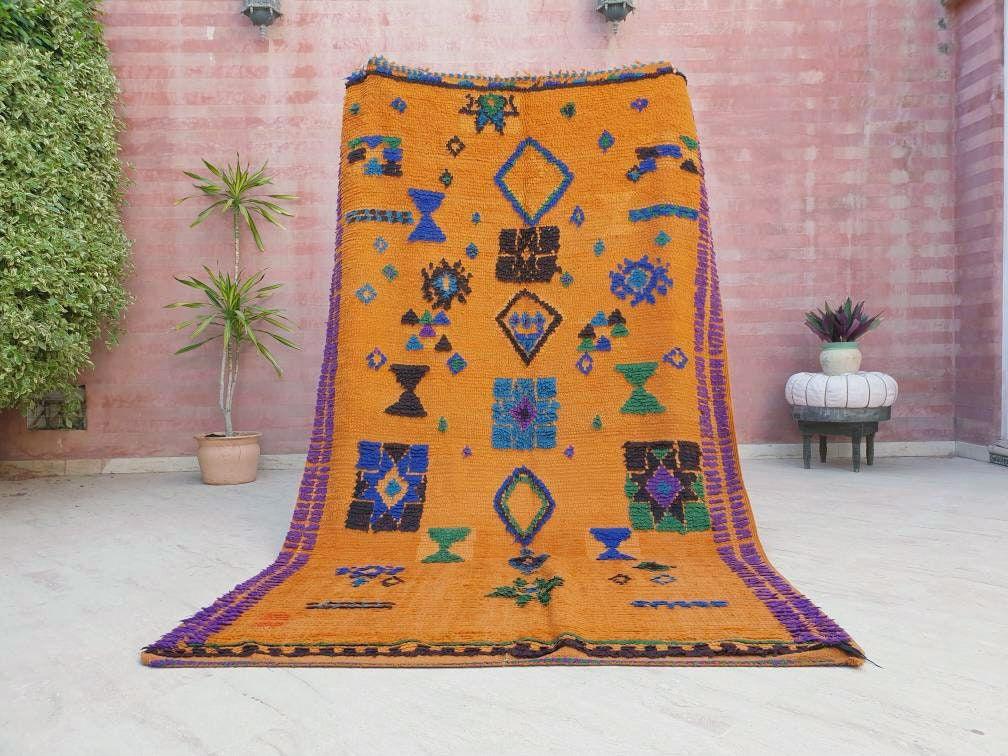 50% OFF CLOSING SALE Stunning Moroccan Rug 5.1x8.1 Super Pretty Vintage Boujaad rug, Unique boujad rug, Blue Papaya Orange Berber carpet