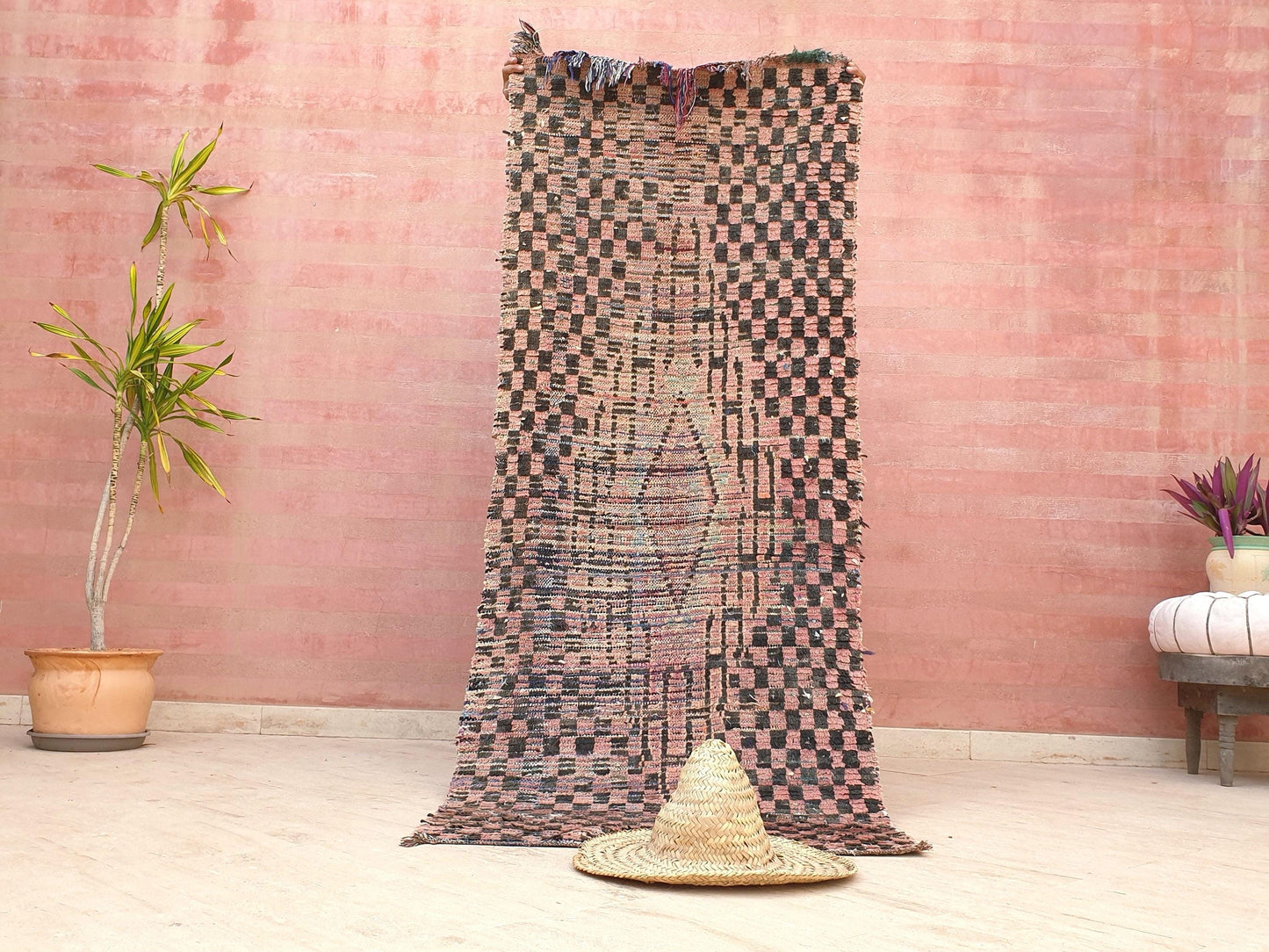 50% OFF CLOSING SALE Vintage Moroccan rug 2.9x7.6 Gorgeous Blush Brown Peach Pink Checkered rug | Boujaad hallway rug boujad rug