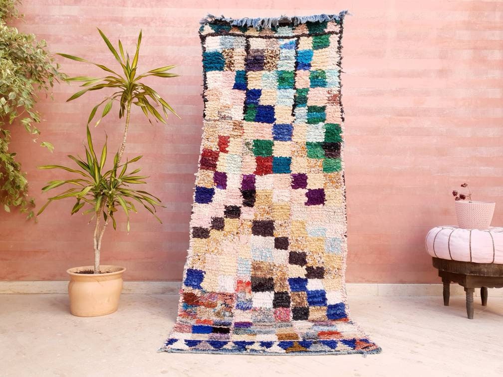 Vintage Moroccan Rug 3x7.5 Gorgeous Unique Boucherouite Rug Boujaad rug, checkered bedroom rug, living room rug