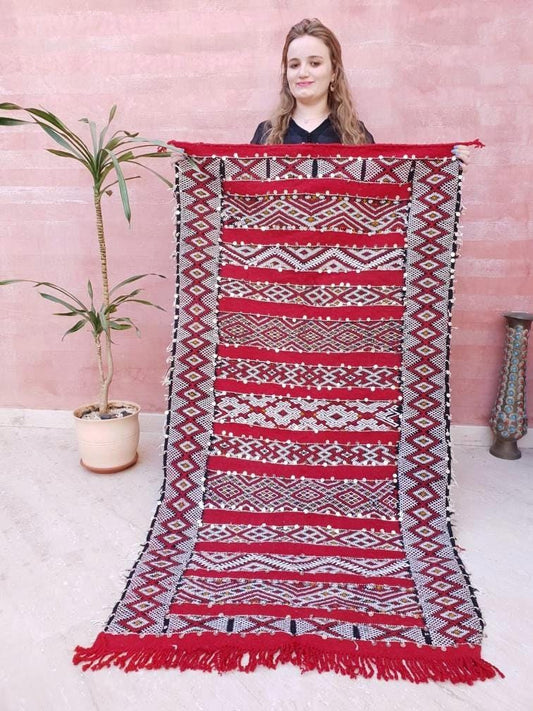 Moroccan Rug, Sequined Berber Rug, Intricate Work 3x5.7 Morrocan Rug, vintage Morocco rug, vintage red rug bedroom rug accent rug