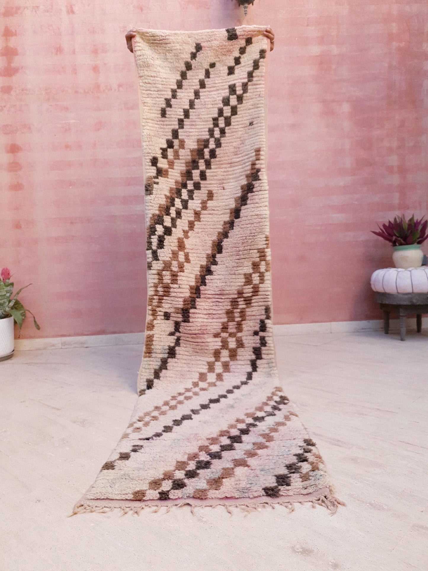 50% OFF CLOSING SALE Vintage Moroccan Rug 2.4x9.8 checkered Boujad Runner Rug, Super unique Berber Brown Blush hallway Rug, boho boujaad rug