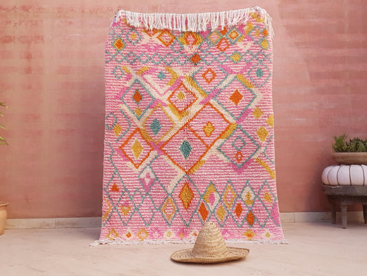 Azilal Wool Rug 4.1x5.7 ft • Custom One-of-a-Kind Moroccan Rug • Handspun Wool • Pink Turquoise Orange Diamond Design • Berber Tribal Rug