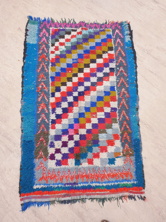 50% OFF CLOSING SALE Vintage Moroccan Rug 3.5x5.6 Gorgeous Checkered Boujaad rug, Blue colorful bedroom rug, Squares Tribal berber rug
