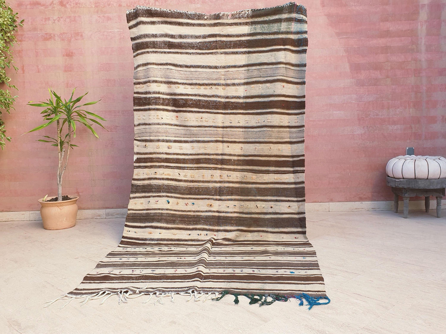 Vintage Moroccan Rug 4.3x8.7 Unique Beige Brown Moroccan Kilim | Woven wool flatweave rug | antique tribal rug Berber wool throw