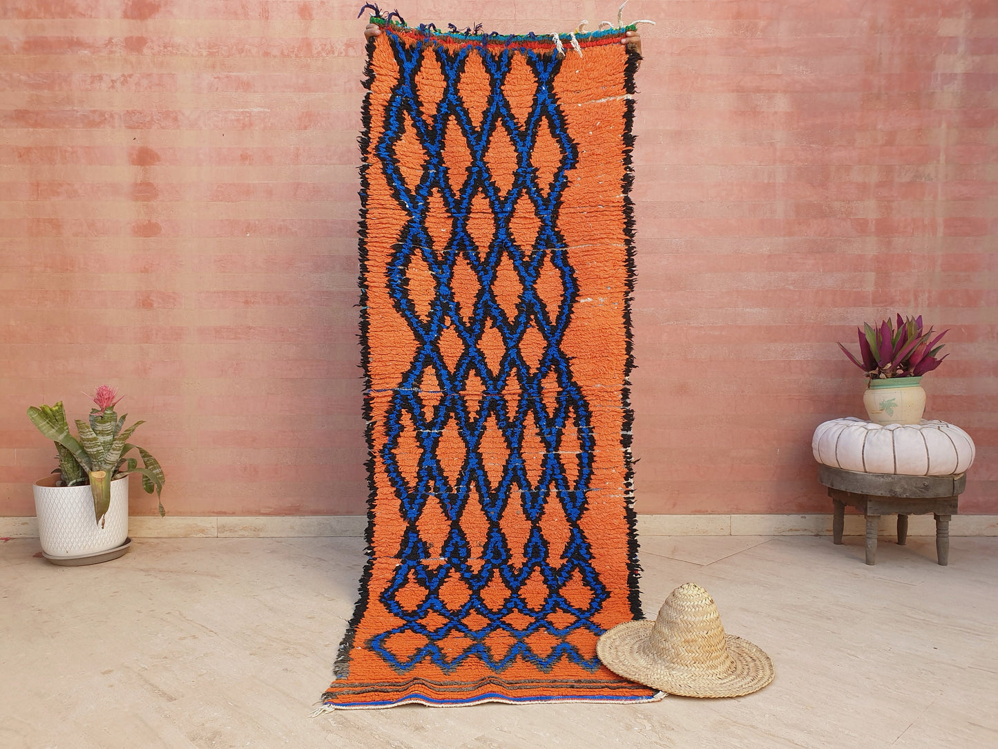 50% OFF CLOSING SALE Stunning Moroccan Runner Rug 2.8x6.5 Super Pretty Boujaad rug, Artistic Blue Papaya Orange Geometric Hallway rug