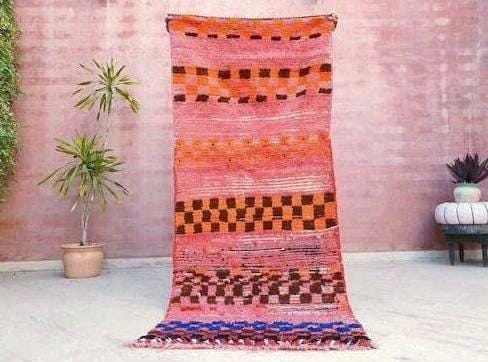 50% OFF CLOSING SALE Vintage Moroccan Rug 3x7 Gorgeous Checkered Rug | Peach Runner Rug  | Berber Tribal Rug | Pach Pink Blue Accent Rug