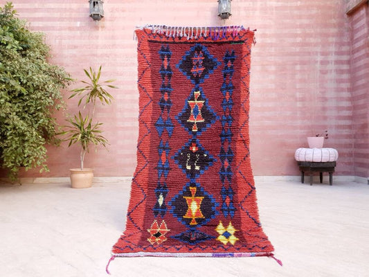 Vintage Moroccan rug 2.8x6.6 Incredible  Unique Boujaad Rug Red Collector Moroccan rug, Purple Accents, colorful rug vintage area rug