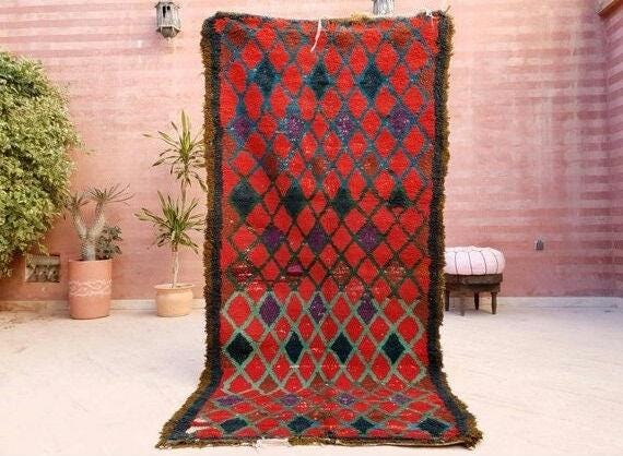 Vintage Moroccan Rug 3.5x7.3 Bold Red rug  bedroom rug, living room rug Red accent rug morocco rug