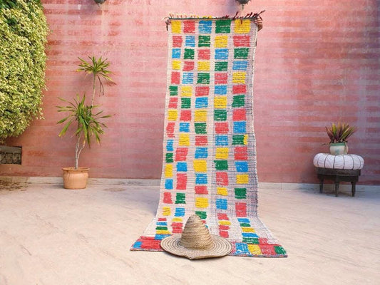 50% OFF CLOSING SALE Vintage Moroccan rug 2.7x8.5 Gorgeous Boujaad Rug, Unique bright checkered rug, berber boujad rug colorful rug