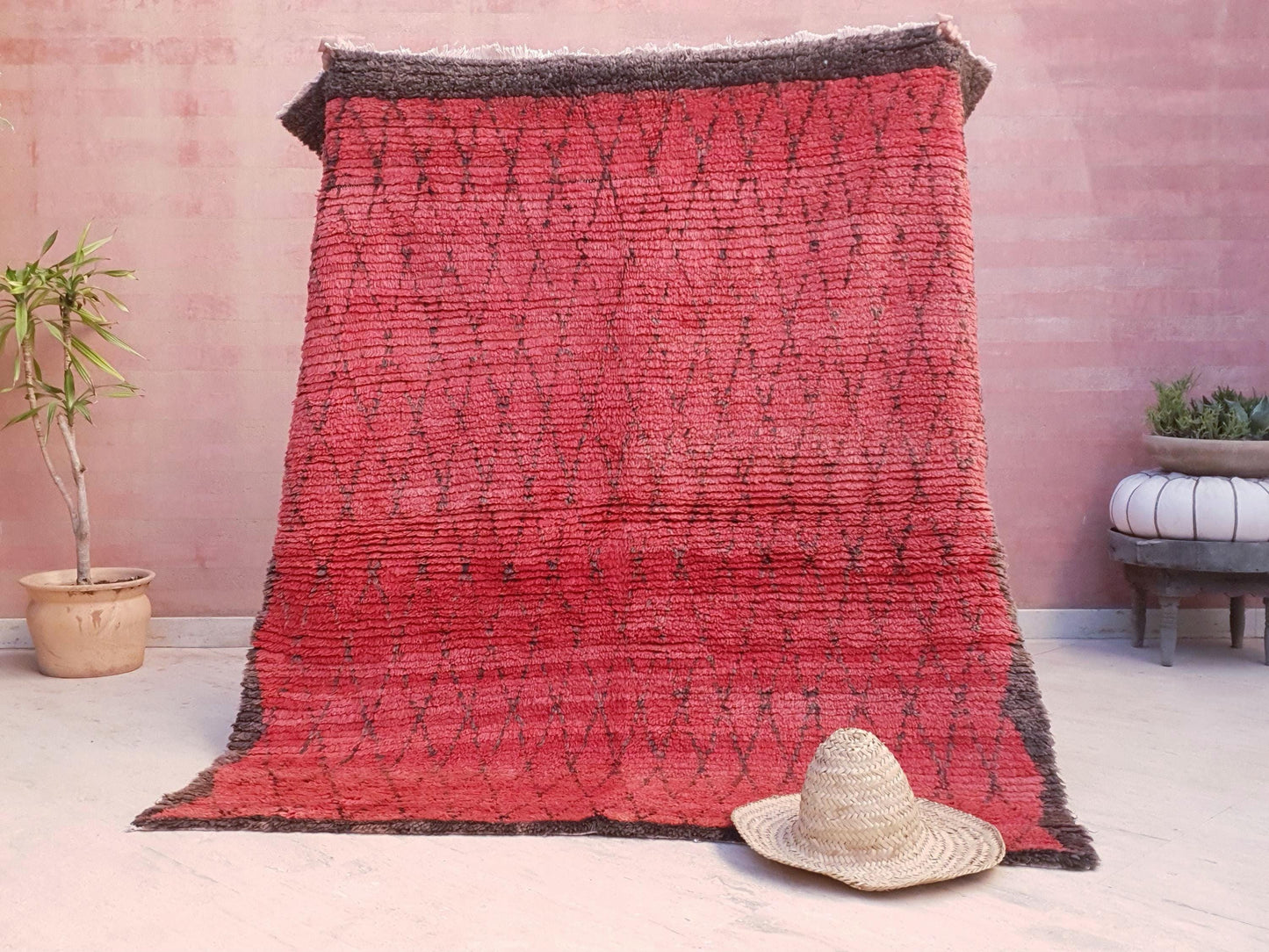 Vintage Moroccan Rug 5.3x6 Gorgeous Blush red Boujaad rug, muted red squarish rug, bedroom beni ourain rug checkered geometric rug