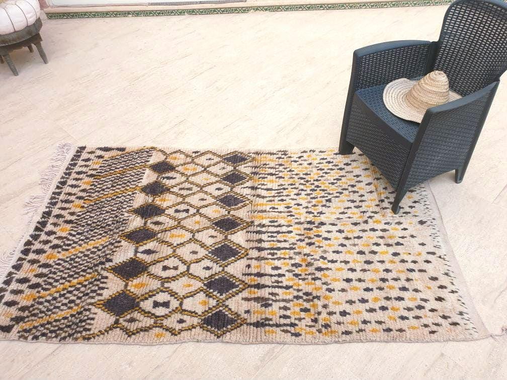 50% OFF CLOSING SALE Vintage Moroccan Rug 4x7 Stunning  Azilal Rug Mustard Brown Cream Berber Rug | Unique Tribal rug | wool bedroom rug