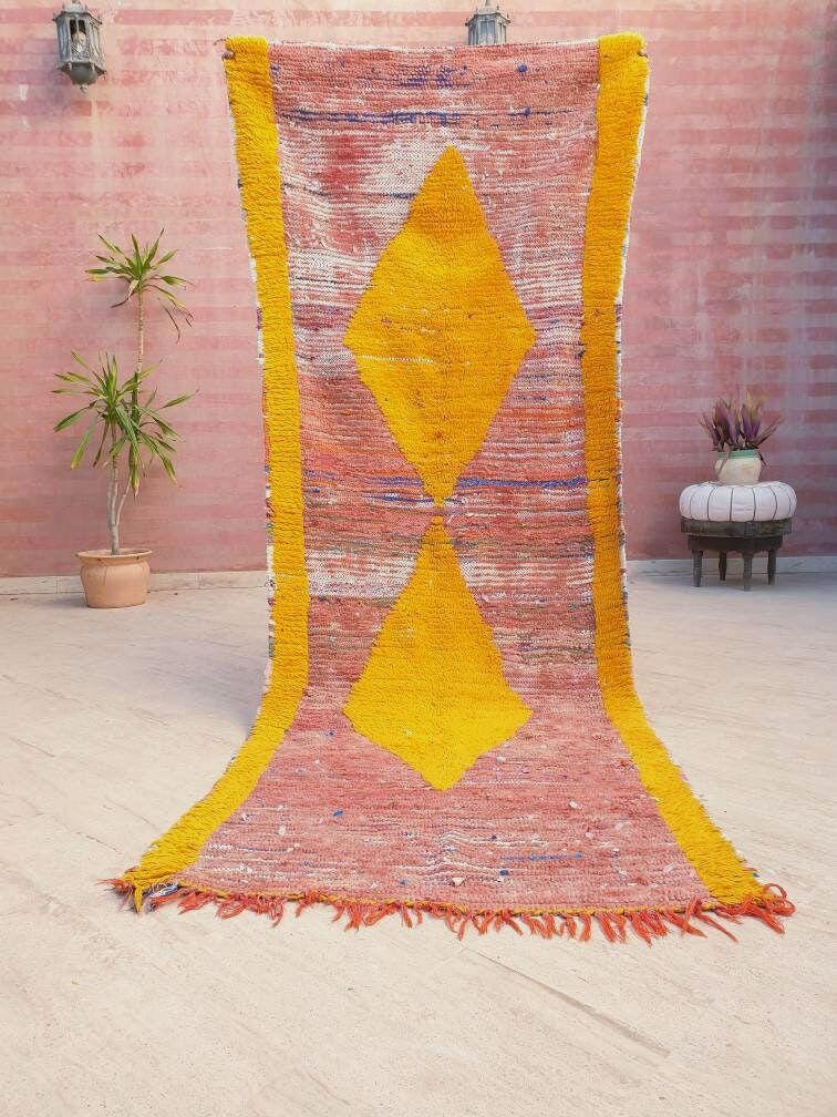 Vintage Moroccan rug 3.3x8.9 Blush Peach Yellow Boujaad rug incredible  black Yellow Tribal Rug Unique boujad Rug living room rug