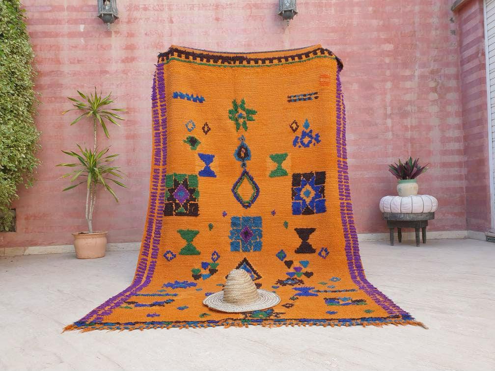 50% OFF CLOSING SALE Stunning Moroccan Rug 5.1x8.1 Super Pretty Vintage Boujaad rug, Unique boujad rug, Blue Papaya Orange Berber carpet