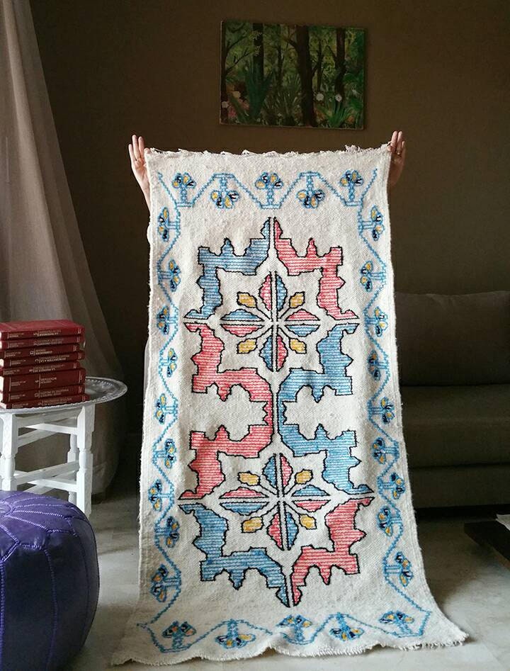 Berber Wool Rug – Moroccan Embroidery, Maps & Flowers Design (2.5x5 ft)
