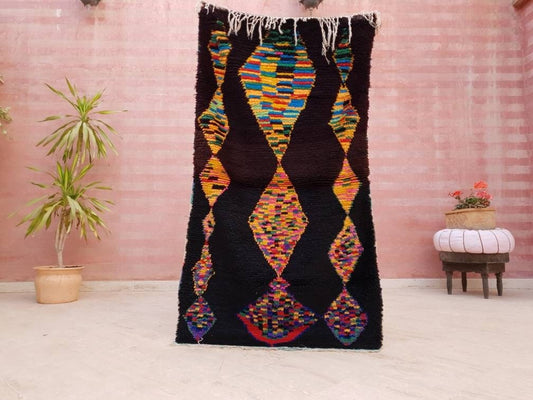Vintage Moroccan Rug, Black Rug 2.9x5.4 Unique Black Berber Accent Rug | Black and  Colorfil boho rug  boucherouite rug